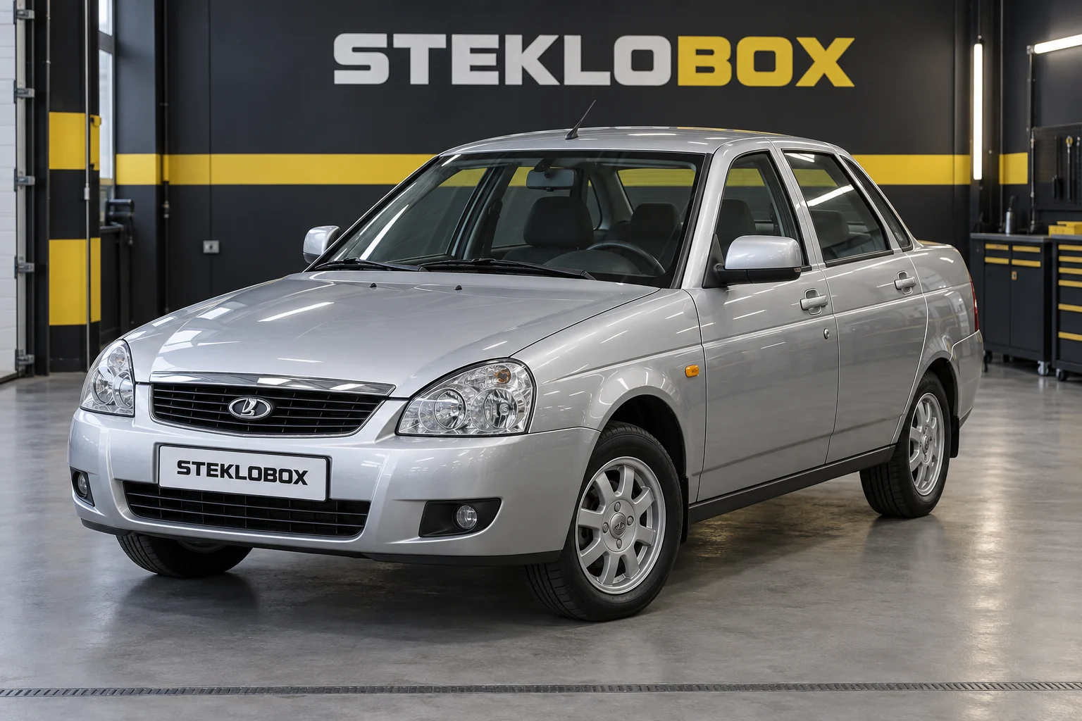 Lada Priora в установочном центре STEKLOBOX